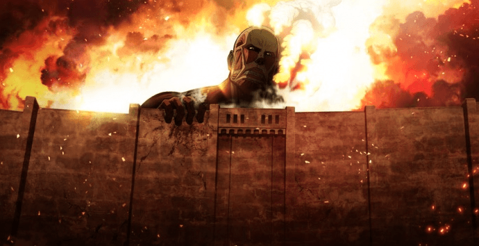 titan gigante rompiendo un muro con fuego detrás del anime ataque a los titanes